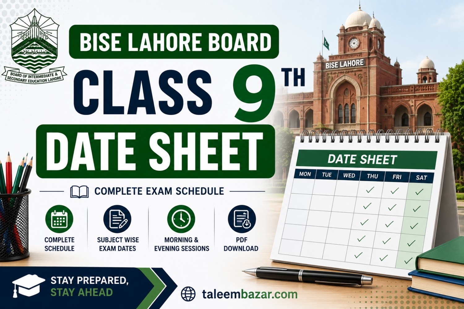 BISE Lahore Board Class 9th Date Sheet 2026